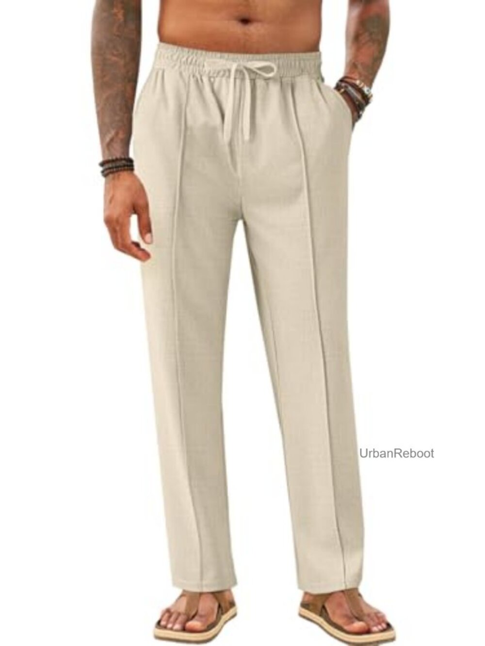 Mens Lightweight Summer Beach Pants Elastic Waist Drawstring Straight Leg Casual
